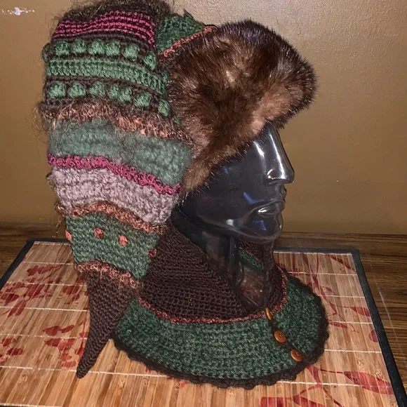 One of a kind knitted hat with mink trim from Martha Zimiles good cond Hats